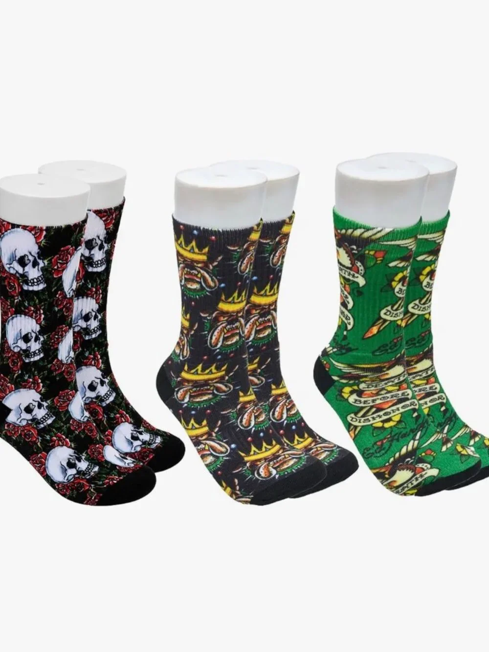 ED HARDY Tattoo Print Fashion Cushioned Crew Socks 3 Pairs Mens 6-12 Womens 8-12